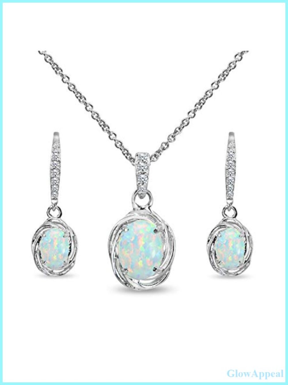 Sterling Silver Opal & CZ Love Knot Leverback Earrings Pendant Necklace Set